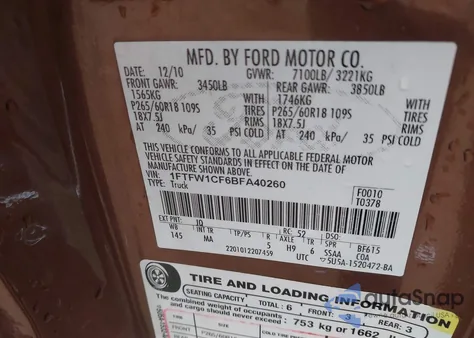 2011 Ford F-150 Xlt from USA, damaged, VIN 1FTFW1CF6BFA40260